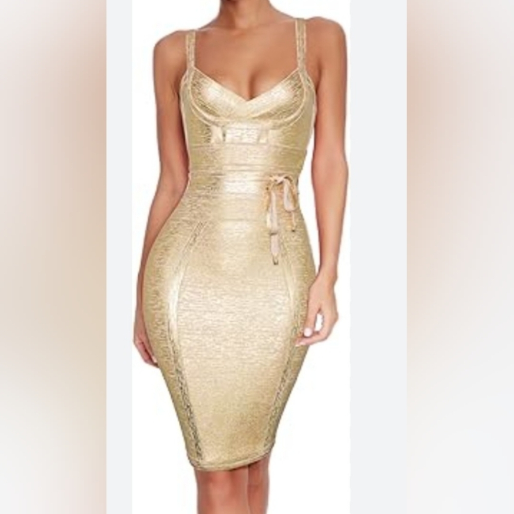 Gold Bandage Bodycon Mini Strap Dress With Tie Belt. Size XL